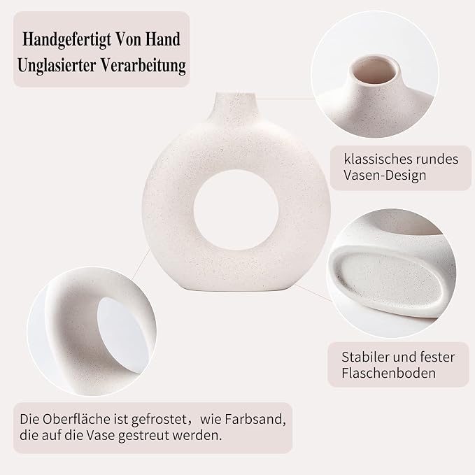 CEMABT White Donut Vase Hollow Ceramic Vase for Flowers Handmade Minimalist Boho ins Style Modern Home Decor for Wedding Dinner Table Party Living Room Office Bedroom（L，White）