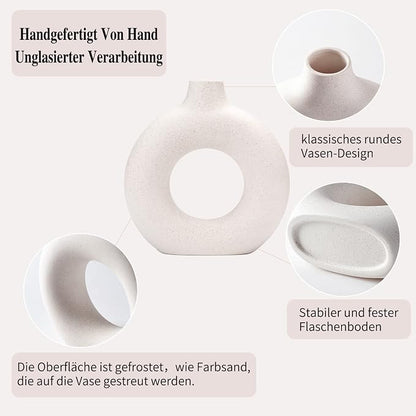 CEMABT White Donut Vase Hollow Ceramic Vase for Flowers Handmade Minimalist Boho ins Style Modern Home Decor for Wedding Dinner Table Party Living Room Office Bedroom（L，White）