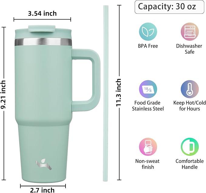 Konokyo 30 oz Insulated Tumbler Water Bottle with Handle, Straw Lid | BPA-free and dishwasher safe; made for gym, travel, coffee and gifting, 2 straws, cup holder friendly,Retro Green