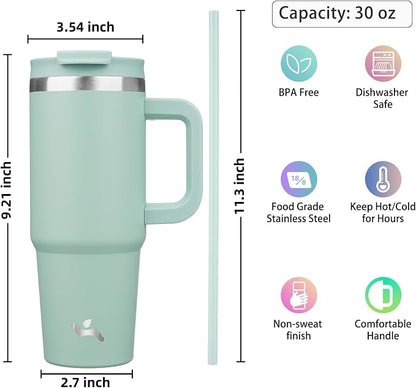 Konokyo 30 oz Insulated Tumbler Water Bottle with Handle, Straw Lid | BPA-free and dishwasher safe; made for gym, travel, coffee and gifting, 2 straws, cup holder friendly,Retro Green