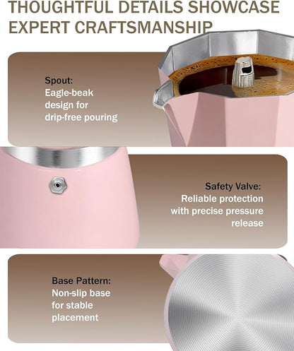 Coffee Maker Stovetop Espresso Maker 3 Cup Aluminum Moka Pot Percolator 5oz 150ml Easy Brewing for Electric Ceramic Stoves Home Camping Italian Cuban Café Classic Sip Sized Pink