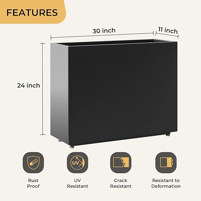 Tall & Long Metal Divider Planter 30W x 11D x 24H, Easy 5-Min Assembly, Outdoor Span Rectangular Planter Box with with Middle Shelf & Adjustable Feet, Versatile for Garden, Yard and Patio, Black