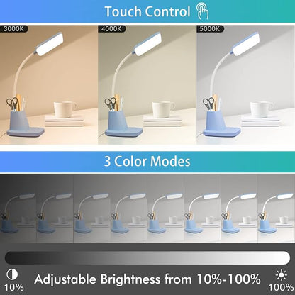 LED Desk Lamp with 10W Wireless Charging & Pen Holder, Blue | CRI 95, 800LM, Stepless Dimming, 3 Modes, 360°Flexible Arm, Touch, Study Table Lamp for Home Office, Dorm Room, with Adapter