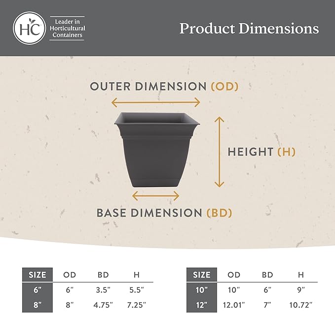 The HC Companies Eclipse Square Plastic Planter w/ Attached Saucer - Outdoor & Indoor Plant Pot with Drainage Holes - Lightweight, UV-Resistant Plastic Pots For Plants (12" Cottage Stone, Pack of 1)