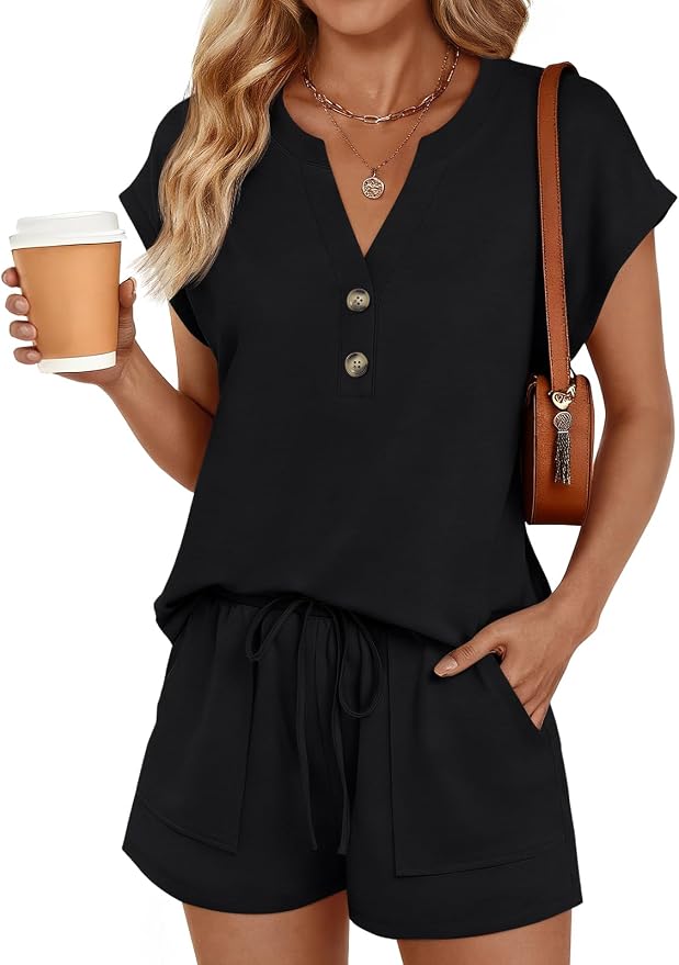 LILLUSORY 2 Piece Summer Set 2026 Henley Top & Drawstring Shorts with Pockets