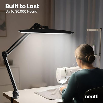 Neatfi XL 2200 Lumens 24W LED Desk Lamp – Shadow-Free Task Lighting | 4-Level Dimming | Home Office & Crafts Use | 20-Inch Wide Head (Black, Non-CCT with Clamp)