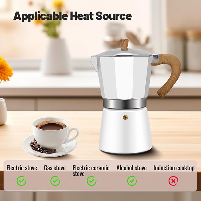 9 Cup Aluminum Moka Pot Classic Stovetop Espresso Coffee Maker 450ml 15oz Coffeemaker Percolator Mocha Express Preferred Cafe Makers for Italian and Cuban Café Brewing White