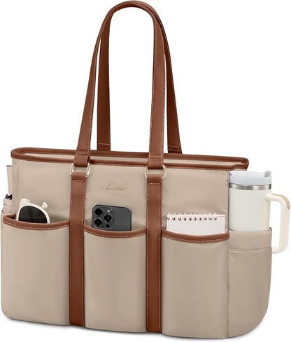 LOVEVOOK Work Tote Bag for Women With Large Cup Holder, Teacher Tote Laptop Bag for Women, Utility Bag For Work/Travel/College/Daily, Professional Computer Purse Handbag, 15.6 Inch