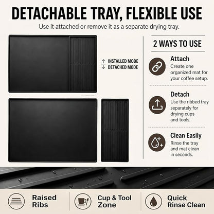 Silicone Coffee Mat 24 x 16 in with Tray, Classic Black | Coffee bar mat for countertop use, coffee station mat or coffee machine mat with removable tray and 0.47 in raised rim.