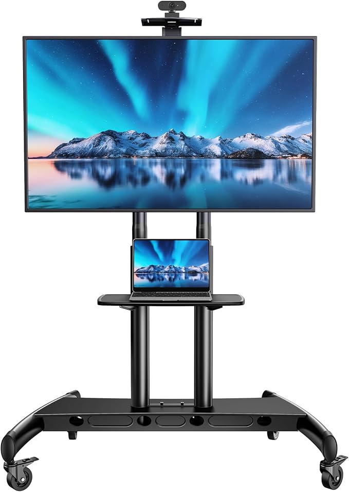 PERLESMITH Mobile TV Stand for 55-90 Inch Flat/Curved Screen TV Max VESA 800x500mm Outdoor TV Cart with Height Adjustable AV Shelf- UL Certificated Rolling Floor TV Stand Holds up to 200Lbs (PSTVMC07)