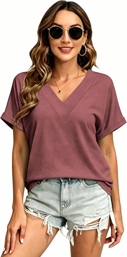 T Shirts Short Sleeve V Neck Tees Womens Tops Beach Vacation Fashion Clothes 2026 Casual Summer Spring Fall Outfits