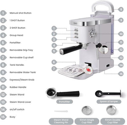 Gevi 20 Bar Compact Espresso Machine with Milk Frother for Latte&Cappuccino | Budget under$150; Removable Water Tank; Produce Good Crema; Include Necessary Accessories; Can Make Americanos; Easy to Clean