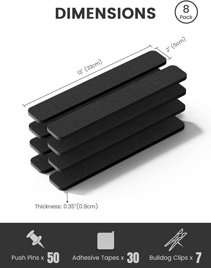 Fluxynara 13" x 2" Felt Wall Panels, Black | 8-Pack Includes 50 Push Pins and Adhesive Tabs for Photos, Notes and Decor in Bedroom Doors, Home Office or Studios