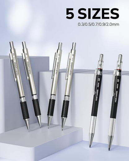 Four Candies 27PCS Mechanical Pencil Set with Case, Art supplies with Metal Pencil 0.3, 0.5, 0.7, 0.9 mm & 2PCS 2mm (HB 2H 2B 4B Color) with 552 Lead Refills, Technical Drawing Kit for Teen & Adults