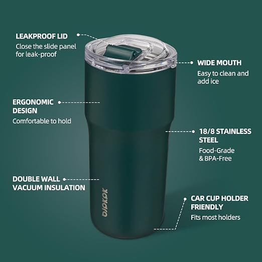 BJPKPK 20oz Spill Proof Coffee Tumbler, Insulated Stainless Steel Cup | Double Wall Vacuum, Leakproof Lid, Keeps Hot/Cold/Iced, BPA Free, Dishwasher Safe, Cupholder, Travel, Dark Green