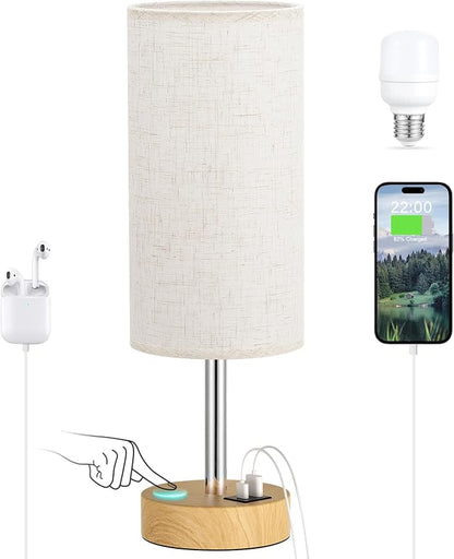 Dicoool Bedside Table Lamp for Bedroom - 3-Way Dimmable Touch Lamp, USB A+C | LED Bulb Included, 14" Small Nightstand Lamp for Desk, Living Room, Guest Room, Cream Fabric Lampshade, Wood-Grain Metal Base