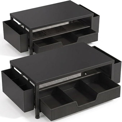 ECOLOVI Desk Organizer and Accessories, 2-Tier Computer Monitor Stand Rise with Storage Drawer & 2 Pen Holders, Laptop & Printer Stand for Desktop, Workspace Organizers for Office Supplies (Black 2-Pack))