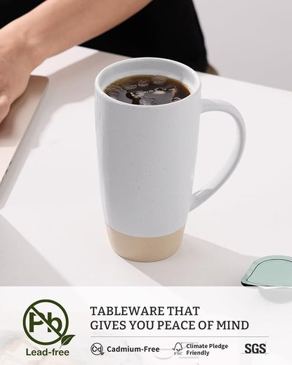 famiware Milkyway Coffee Mugs, 20oz Large Coffee Mug, Ceramic Mug Set of 2 with Lid, Cup Set with Handle for Latte, Tea, Cocoa, Milk, Home & Office, Light Gray