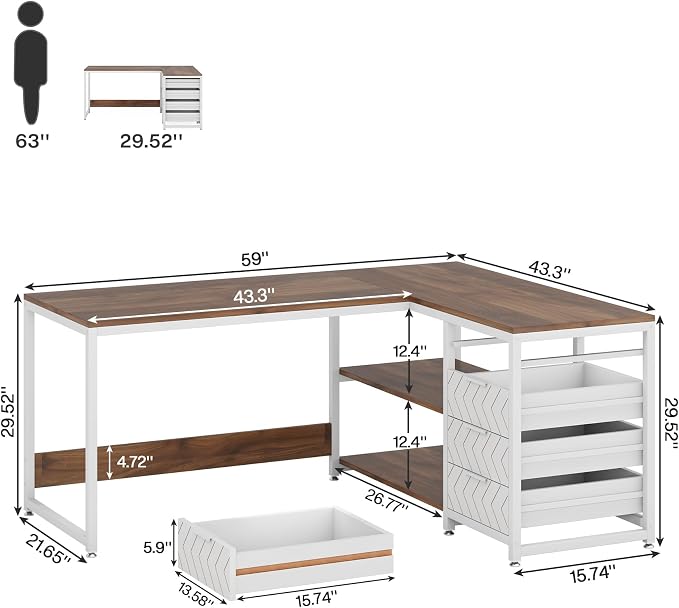 Tribesigns L Shaped Computer Desk with Storage Drawers, 59 inch Corner Desk with Shelves, Reversible L-Shaped Office Desk Study Writing Table Workstation for Home Office, Walnut & White