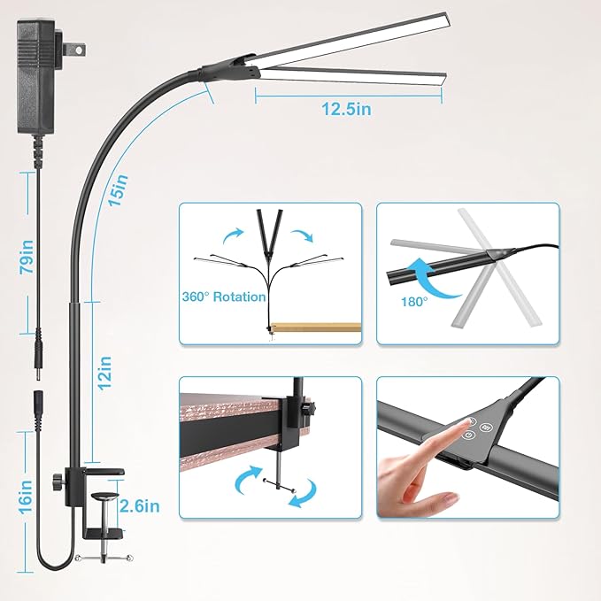 LED Desk Lamp for Home Office,Bright Double Head Desk Lamp with Clamp,Dimmable 5 Color Modes Desk Lighting,12W Eye-Caring Architect Table Lamp for Workbench,Monitor,Reading,Study,1400lm