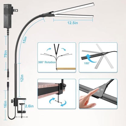 LED Desk Lamp for Home Office,Bright Double Head Desk Lamp with Clamp,Dimmable 5 Color Modes Desk Lighting,12W Eye-Caring Architect Table Lamp for Workbench,Monitor,Reading,Study,1400lm