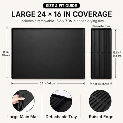 Silicone Coffee Mat 24 x 16 in with Tray, Classic Black | Coffee bar mat for countertop use, coffee station mat or coffee machine mat with removable tray and 0.47 in raised rim.
