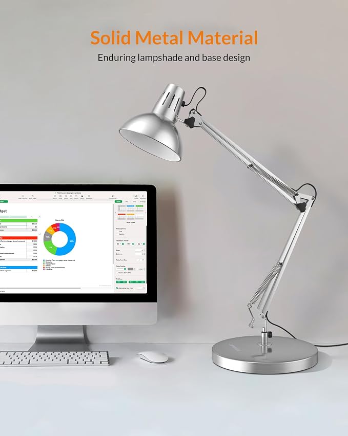 LEPOWER Metal Adjustable Desk Lamp with Clamp, Swing Arm for Home Office | Gooseneck, Architect Style, Eye-Caring Table Lamp, On/Off Switch, E26 Base, Reading for Dorm, Bedroom, Study, Back to School