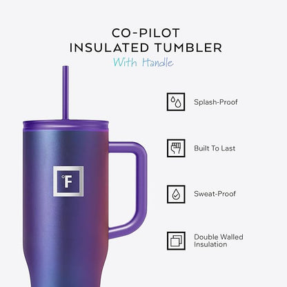 IRON °FLASK 40 oz Co-Pilot Insulated Travel Mug | Insulated Travel Mug with Straw & Flip Cap Lids - Cup Holder Fit, Leakproof, BPA Free (Dark Pine)