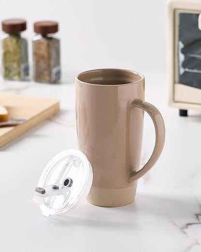 famiware Milkyway Coffee Mugs, 20oz Large Coffee Mug, Ceramic Mug Set of 2 with Lid, Cup Set with Handle for Latte, Tea, Cocoa, Milk, Home & Office, White and Cinnamon Brown