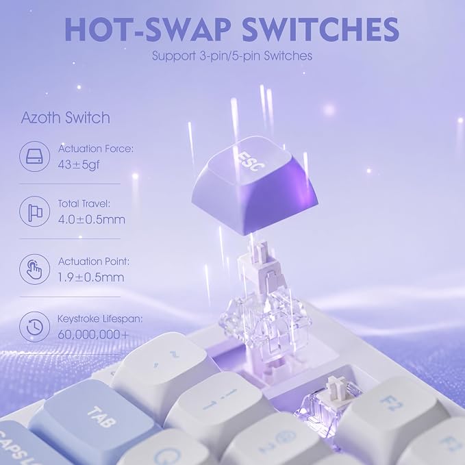 VGN V98ProV3 Gaming Keyboard, Tri-Mode Wireless Custom Mechanical Keyboard | Hot Swappable Gasket Keyboard , Bluetooth 2.4G USB-C, RGB Backlit Computer Keyboards for PC Mac, Pre-lubed Cow Switch, Purple