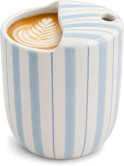 Ceramic Mug with Sip Hole 10 oz Light Blue Striped Ceramic Coffee Mug Hand Painted Travel Mugs Heat Resistant Non Slip Built in One Lid Handcraft Mugs for Coffee Lovers Appreciation Gift