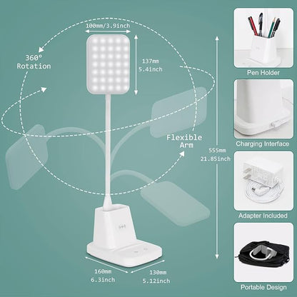 LED Desk Lamp with 10W Wireless Charging & Pen Holder, Snow White | CRI 95, 800LM, Stepless Dimming, 3 Modes, 360°Flexible Arm, Touch, Study Table Lamp for Home Office, Dorm Room, with Adapter