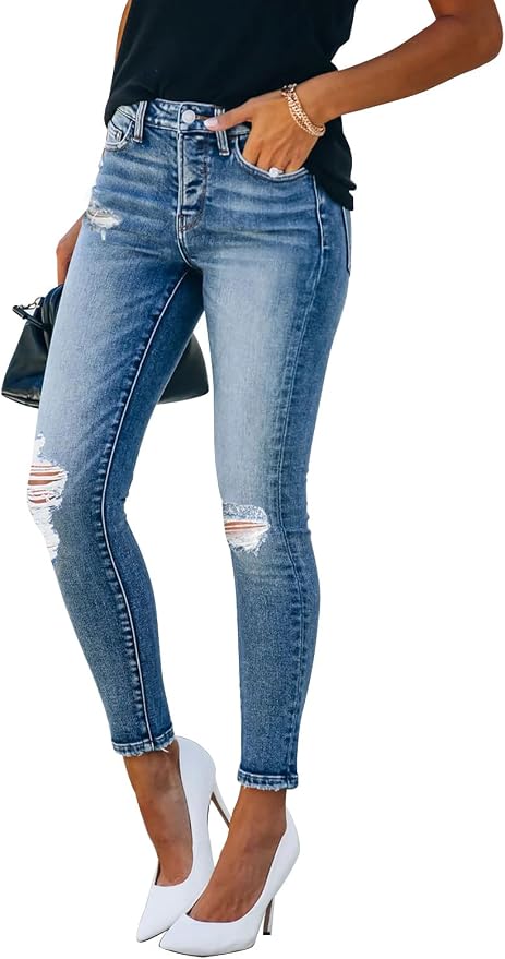 KUNMI Women's Skinny Ripped Trendy Jeans Distressed Stretchy Denim Pants