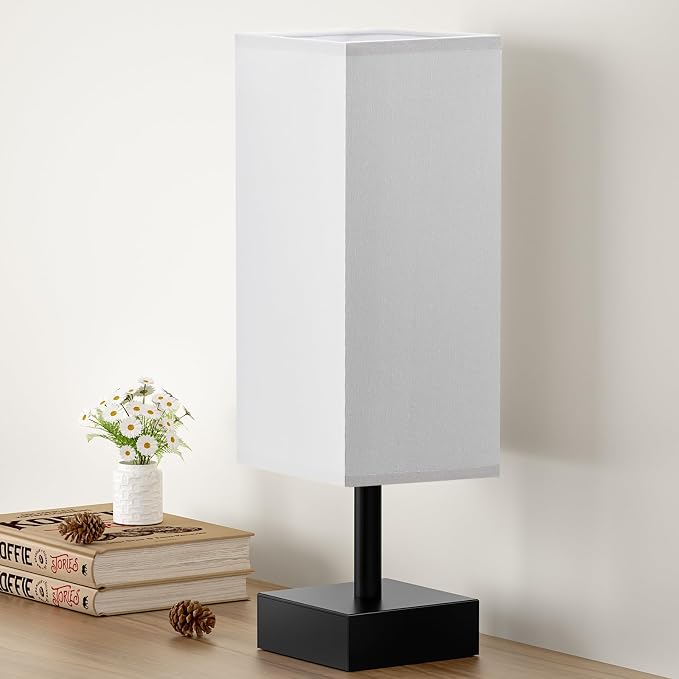 aooshine Small Bedside Table Lamp for Bedroom - Square Grey Fabric Shade | Inline Rocker Switch, Corded Electric, Bulb Not Included, 12.8" Mini Table Lamp for Nightstand, Desk, Dorm, Office