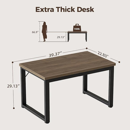 Mericonia 40 Inch Computer Desk, 1.2" Thick Small Office Table, Walnut | Modern Simple Style, Heavy Duty Industrial Frame, Small Study & Writing Table for Home Bedroom Work