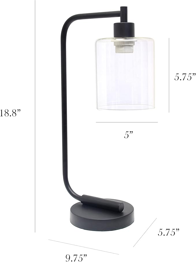 Simple Designs LD1036-BLK Bronson Antique Style Industrial Iron Lantern Desk Bedside Glass Shade Table Lamp, Black
