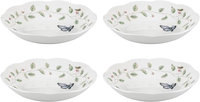 Lenox Pasta Bowls, 20oz Butterfly Meadow Pasta Bowl Set of 4, Service For 4, Porcelain, White Serving Bowls, Wide, Shallow, Lenox Butterfly Meadow Collection, Dishwasher/Microwave Safe (White 4-Piece)