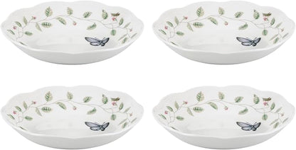 Lenox Pasta Bowls, 20oz Butterfly Meadow Pasta Bowl Set of 4, Service For 4, Porcelain, White Serving Bowls, Wide, Shallow, Lenox Butterfly Meadow Collection, Dishwasher/Microwave Safe (White 4-Piece)