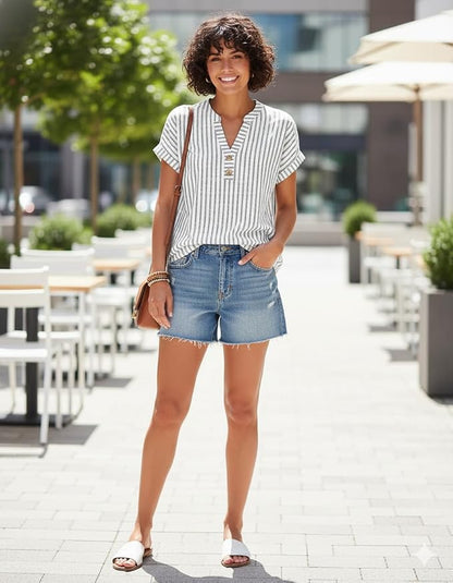 Womens Henley Summer Tops V Neck Button Dressy Casual T Shirts Blouses | Breathable, V-Neck Button, Striped, Loose Fit, Business Casual, Office, Vacation, Spring Summer Tops, Basic Shirts