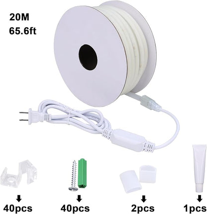 AC 110V COB LED Strip Lights Outdoor Waterproof 65.6ft, 6000K Cool White Super Bright 200W CRI 90+ LED Rope Light, IP65 Flexible Cuttable, for Bedroom Garden Commercial House