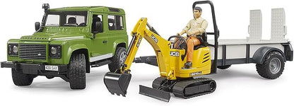 Bruder Land Rover Defender Rigid Drawbar Trailer Jcb Micro Excavator and Construction Worker