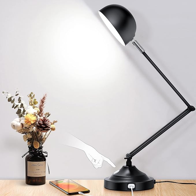 Touch Control LED Desk Lamp with USB Charging Port, Architect Black Metal Lamp with Adjustable Swing Arm, Dimmable Modern Table Lamp for Home Office Reading Study, 3000K/4000K/5000K 3 Color Modes