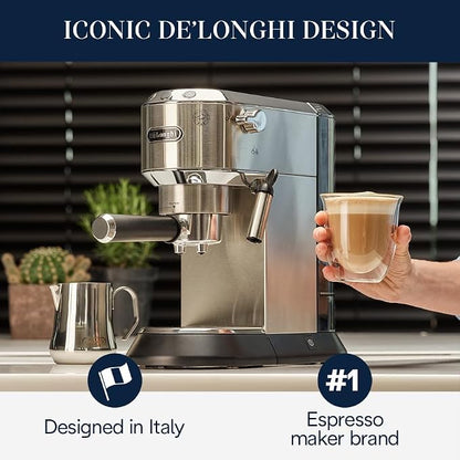 De'Longhi Dedica Espresso Machine, 15-Bar Pump, Frother, Stainless Steel | #1 Worldwide Espresso Machine Maker, Rapid Heat-Up, Frother, Compact Design, Easy to Clean