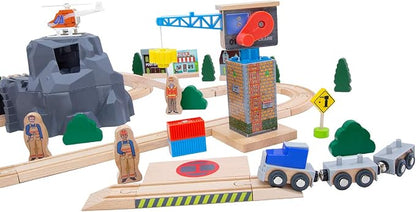 Wooden Train Set Kids Lift & Load Magnetic Crane Helicopter Semi Truck Shipping Containers Diesel Engine STEM Construction Playset Compatible with Thomas Brio Wooden Railway Toy for Toddlers Starter