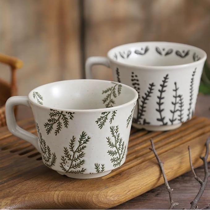 Small Ceramic Mug, 11oz - Vintage Cup Mug for Coffee Milk Latte Cappuccino Tea, Plant Porcelain Cup Dishwasher Microwave Freezer Safe Stoneware 1 PC Black Leaf Cup