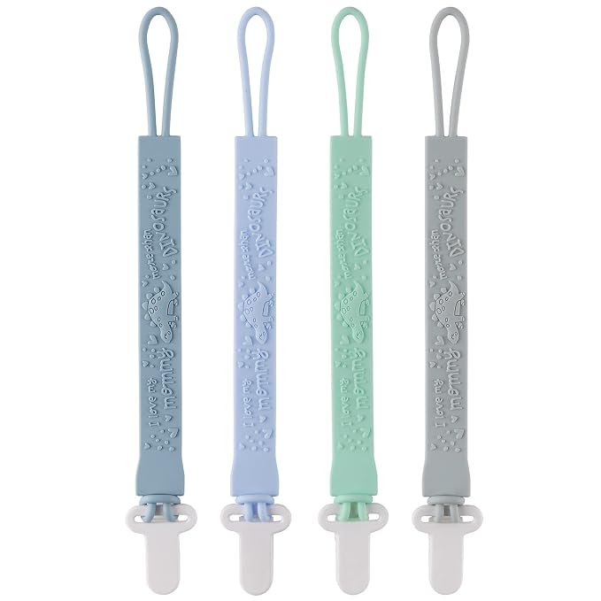 4-Pack Silicone Pacifier Clips with One-Piece Beads for Baby Boys and Girls - Flexible and Rust-Free Holders for Teething Relief and Baby Essentials, Safe for Newborns (Flat, Grey)
