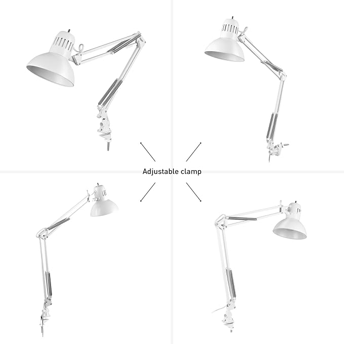 Globe Electric 52847 31.5 Inch Swing Arm Clamp-On White Desk Lamp with Nickel Accents, On/Off Rotary Switch, Book Reading Light, Home Essentials, Office Décor, LED Bulb Compatible