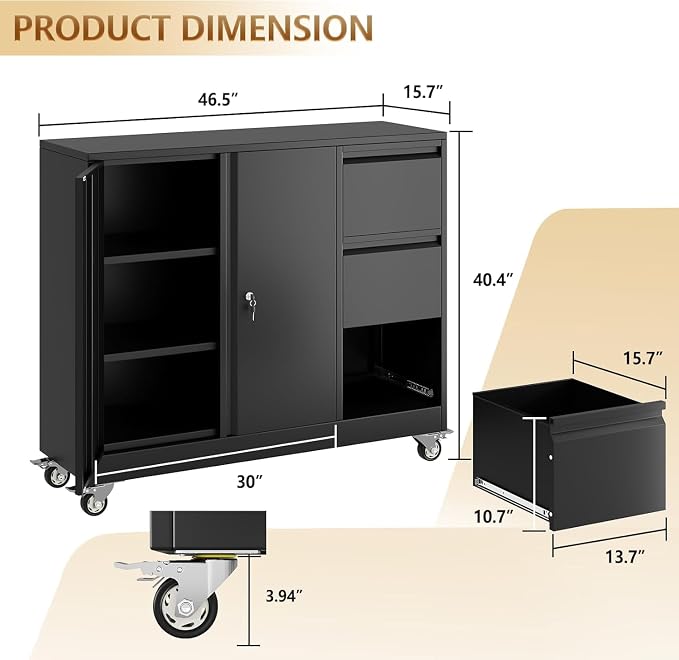 47" Rolling File Storage Locker Cabinet with 3-Drawer，Office Storage Cabinet with Adjustable Shelf & Universal Wheels, Mobile Printer Stand for Home Office, Living Dining Room,Black