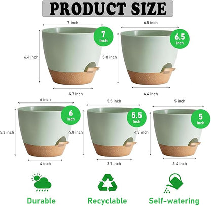 5-Pack Plant Pots with Drainage for Winter Care 7/6.5/6/5.5/5 Inch, Self Watering Pots for Indoor Plants, Planters for Indoor Outdoor Plants, Plastic Flower Pot, Planter for Indoor Outdoor (Green)