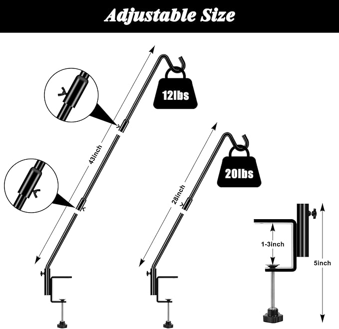FEED GARDEN [Upgrade Version 2 Pack Bird Feeder Hanger Adjustable 43 Inch Deck Hooks for Railing 360 Degree Swivel Heavy Duty Hanging Hooks for Bird Feeders Wind Chimes